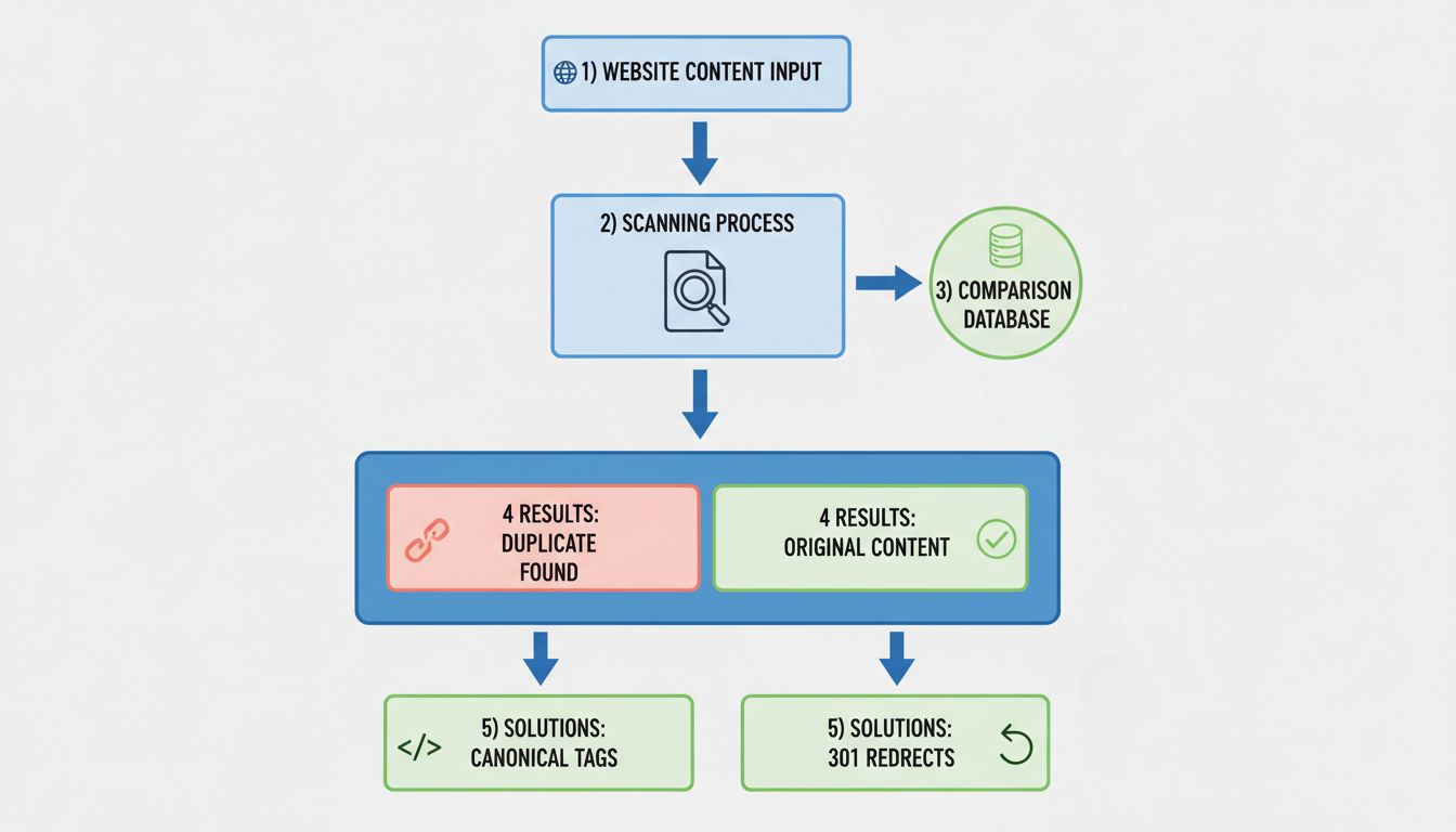 Schéma du processus de vérification du contenu dupliqué montrant le scan, la base de comparaison et les solutions