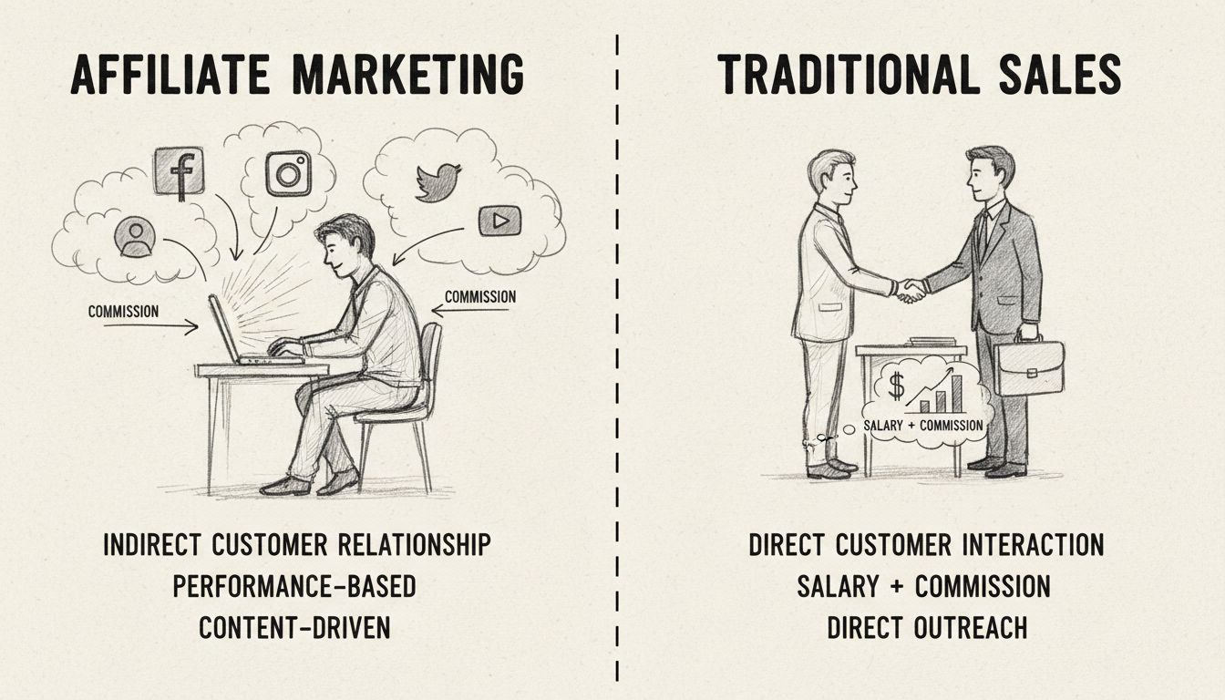 Schéma dessiné à la main comparant le marketing d'affiliation et la vente traditionnelle, montrant les principales différences en matière de relation client, de rémunération et de contrôle