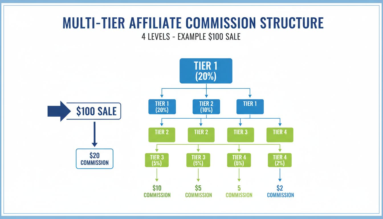 Schéma de structure de commission multi-niveaux montrant 4 niveaux avec pourcentages de commission et exemple de vente à 100 $