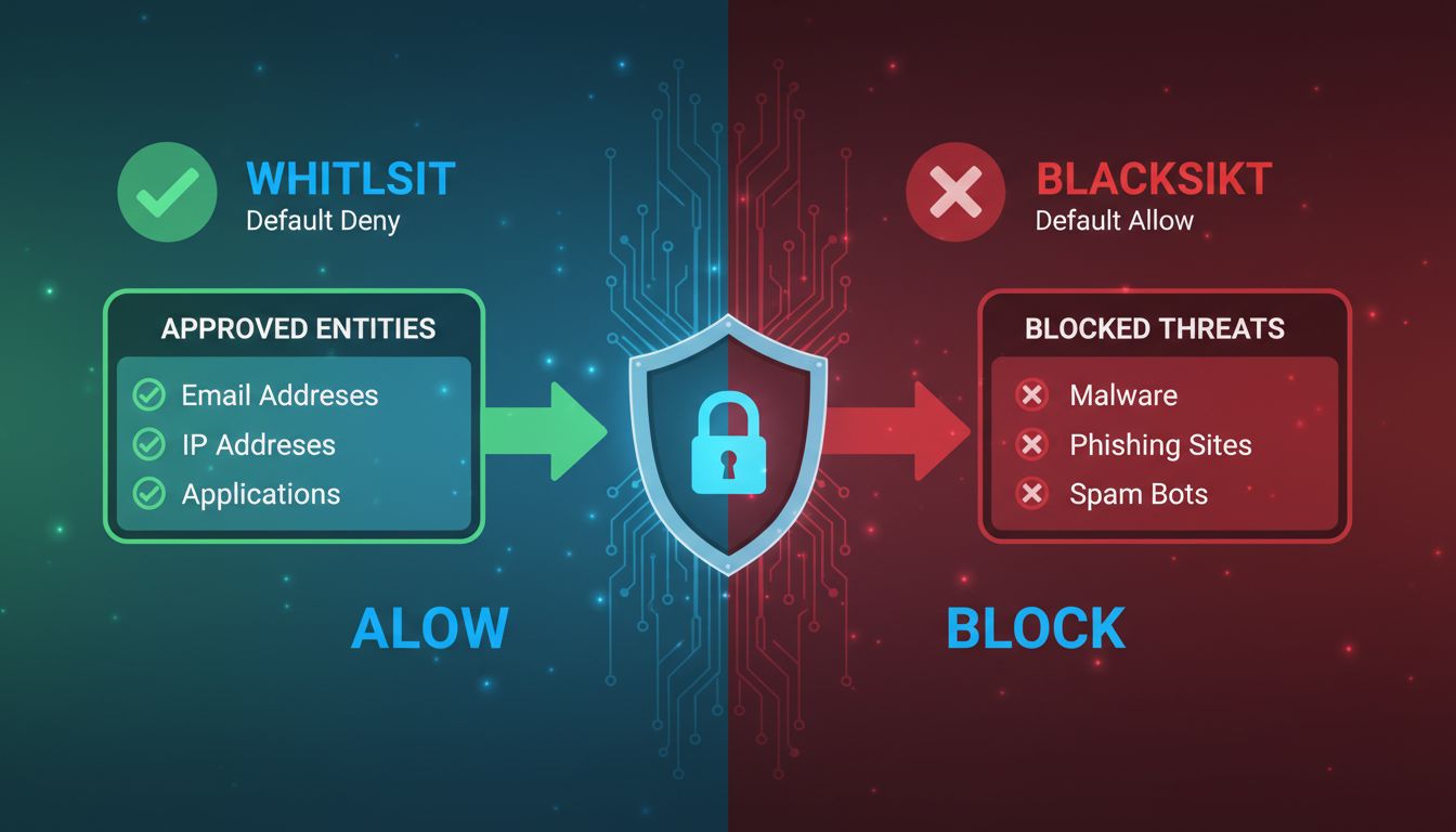 Schéma comparatif sécurité liste blanche vs liste noire montrant les entités approuvées autorisées via la liste blanche et les menaces bloquées dans la liste noire