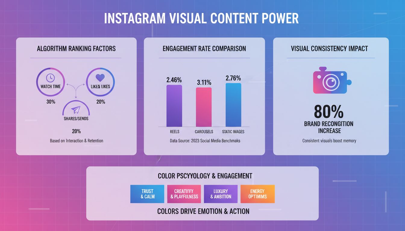 Infographie sur l’importance du contenu visuel sur Instagram montrant les métriques d’engagement, les facteurs algorithmiques et la psychologie des couleurs