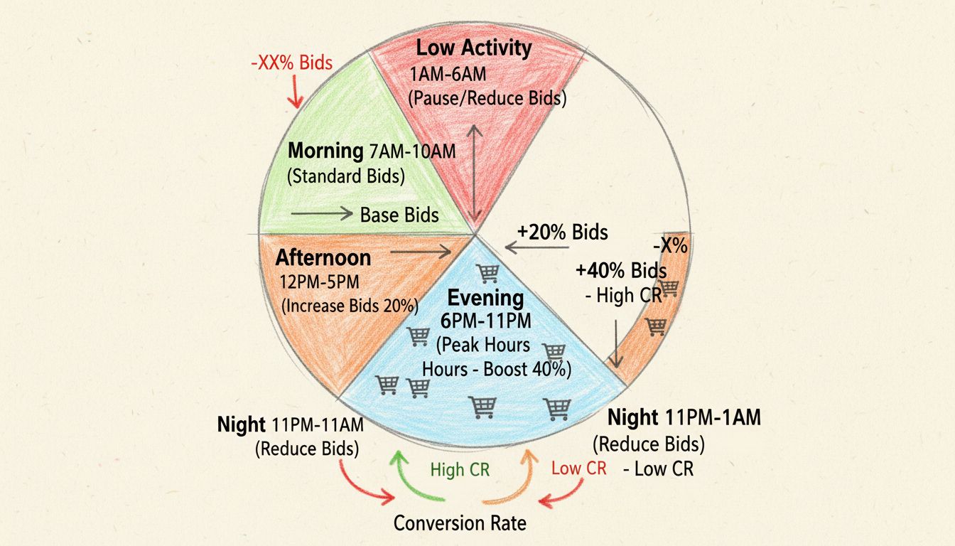 Chronologie de la stratégie de dayparting affichant une horloge 24h divisée en blocs horaires avec pourcentages d'ajustement des enchères et indicateurs de taux de conversion