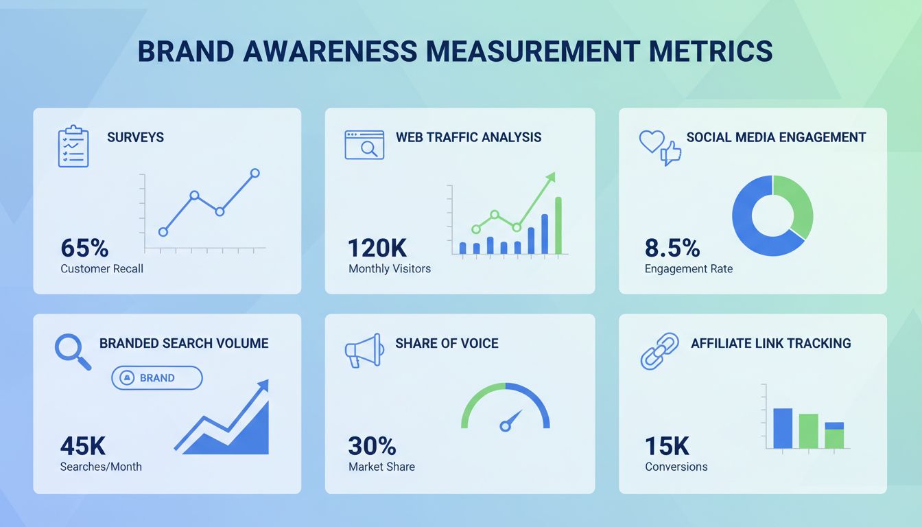 Tableau de bord des indicateurs de mesure de la notoriété de marque affichant enquêtes, analyse du trafic web, engagement social, volume de recherche de marque, part de voix et suivi des liens d'affiliation