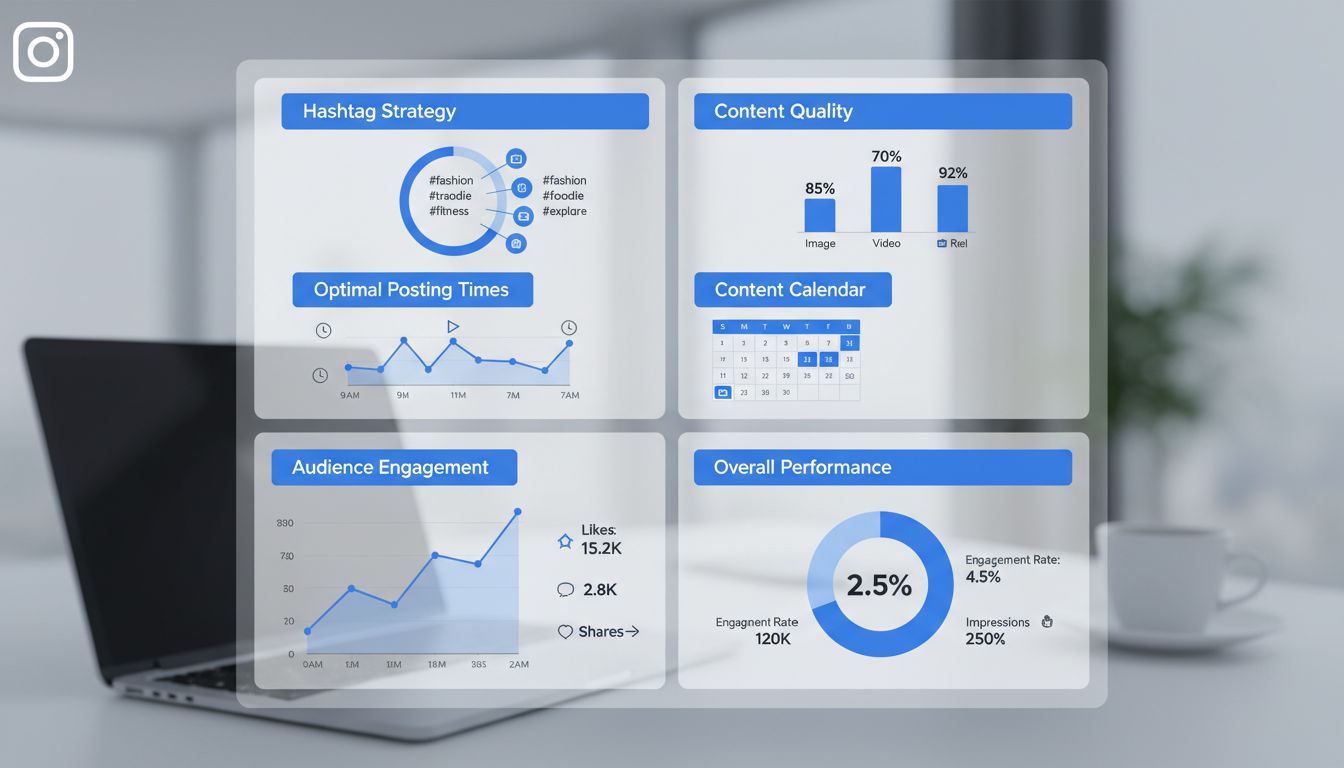 Tableau de bord de stratégie marketing Instagram avec recherche de hashtags, analytics, calendrier de contenu et métriques d’engagement