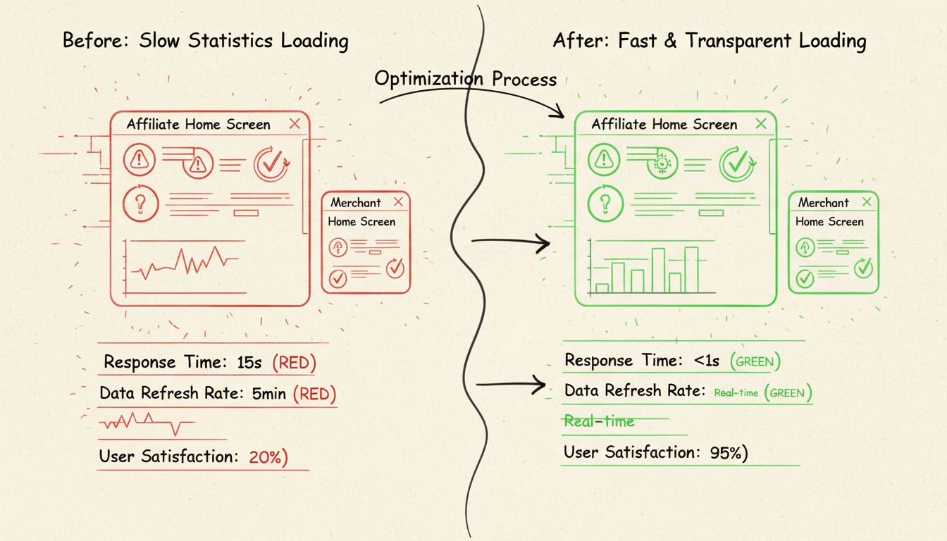 Diagramme d’optimisation de la performance du tableau de bord montrant les améliorations du chargement des statistiques avant et après