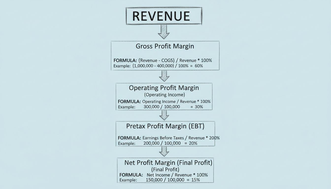Types de marges bénéficiaires et diagramme de calcul montrant la marge brute, opérationnelle, avant impôt et nette