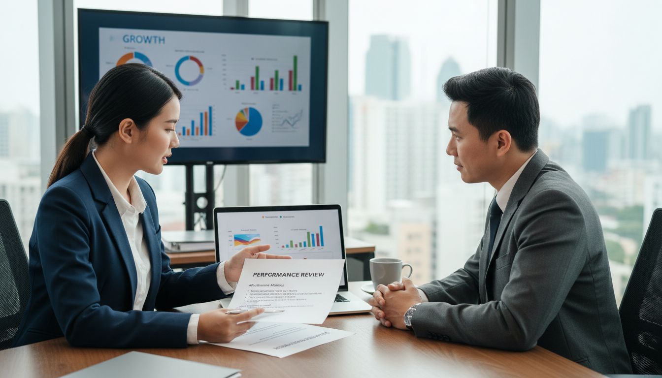 Réunion professionnelle entre un employé et son manager discutant d'une augmentation de salaire avec des indicateurs de performance et des documents de réalisations