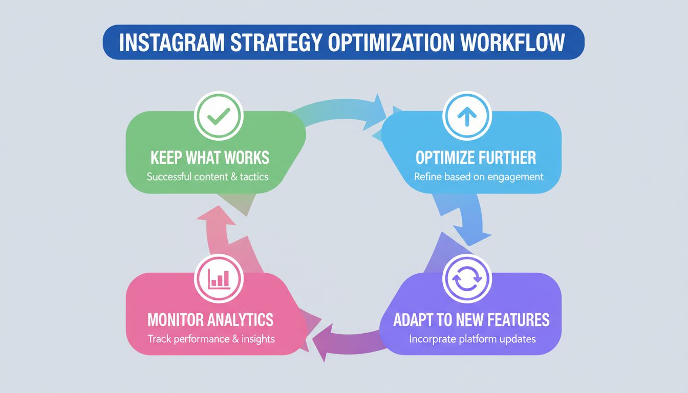 Workflow d’optimisation de stratégie Instagram montrant Garder ce qui fonctionne, Optimiser davantage, S’adapter aux nouvelles fonctionnalités et Surveiller les analyses