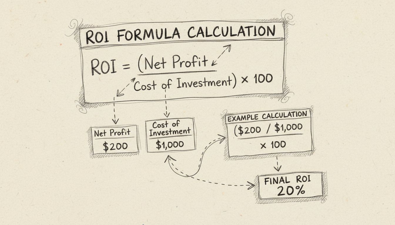 Schéma au crayon illustrant le calcul de la formule ROI avec un exemple