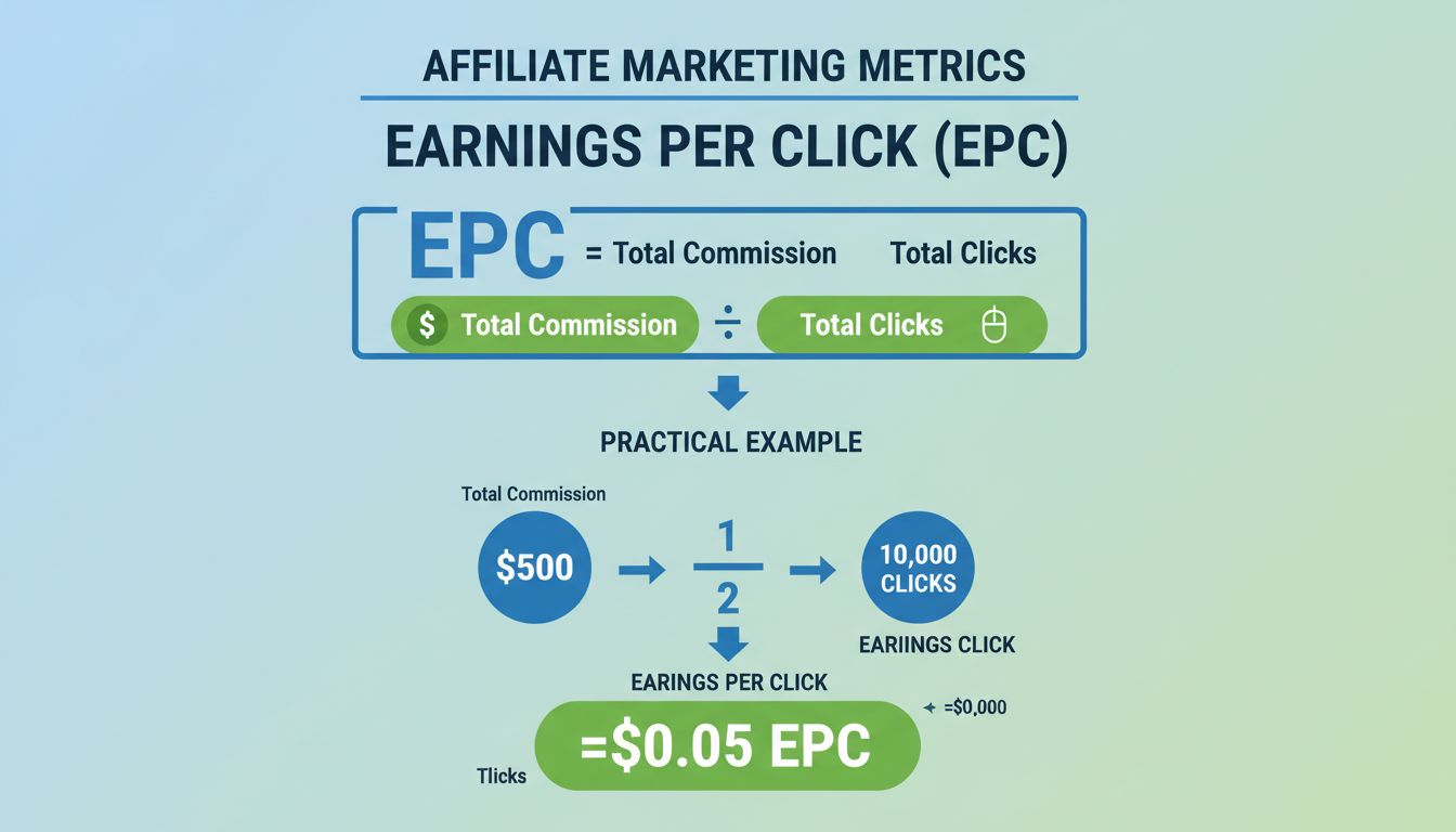 Infographie de la formule de calcul de l'EPC montrant la commission totale divisée par le nombre total de clics