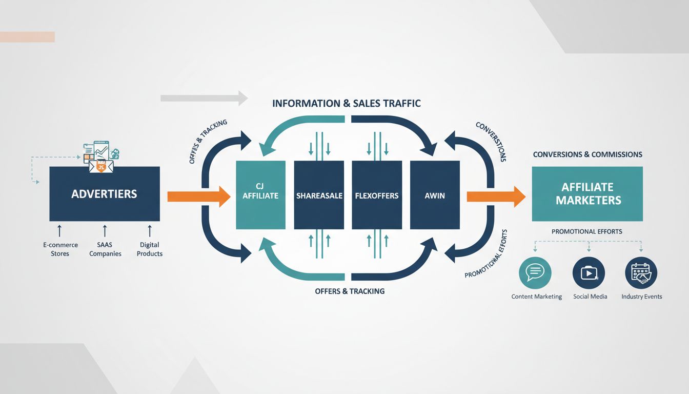 Structure du réseau de marketing d'affiliation montrant les connexions entre annonceurs, réseaux d'affiliation et marketeurs
