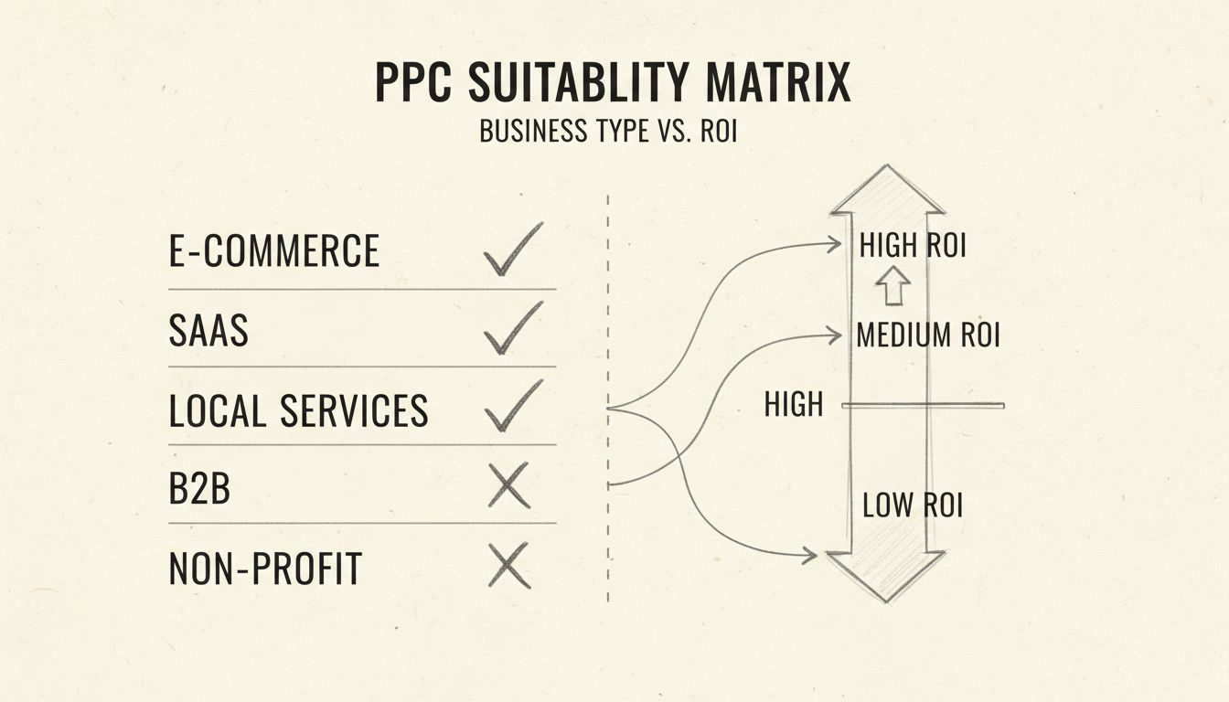 Matrice d'adéquation des entreprises pour la publicité PPC montrant différents types d'entreprises et indicateurs de ROI