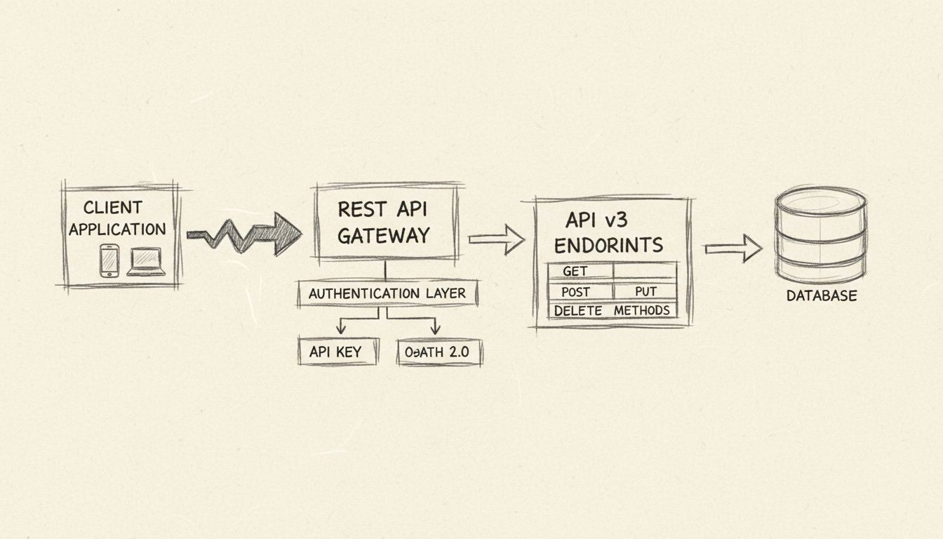 Diagramme d’architecture REST API montrant l’application cliente se connectant à la passerelle API REST avec couche d’authentification prenant en charge la clé API et OAuth 2.0, dirigeant vers les endpoints API v3 avec méthodes HTTP, et connexion à la base de données