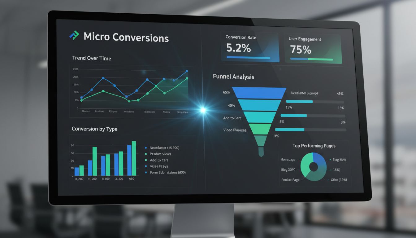 Tableau de bord analytique professionnel montrant le suivi des micro-conversions avec graphiques, métriques et visualisation du tunnel de conversion