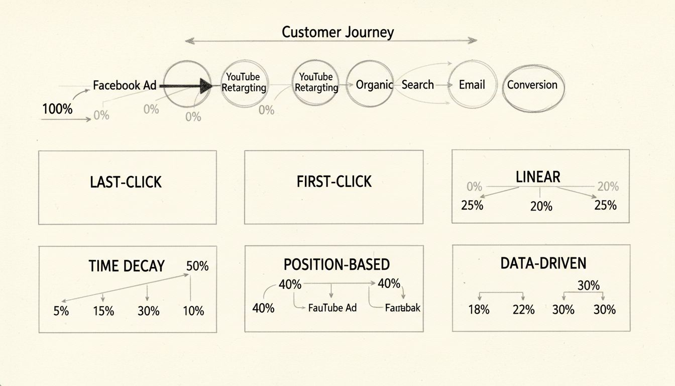 Diagramme dessiné à la main comparant 6 modèles d'attribution montrant la répartition du crédit à travers les points de contact du parcours client