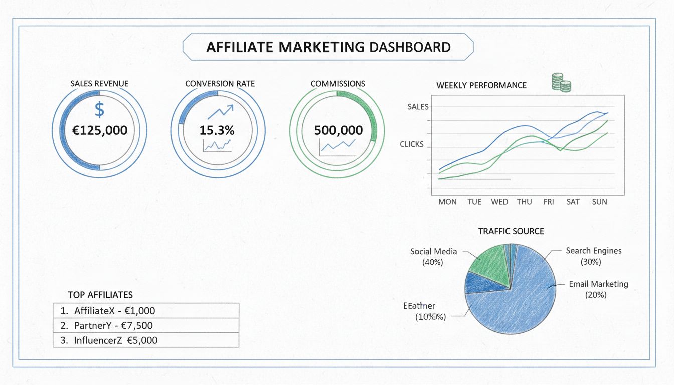 Tableau de bord de marketing d'affiliation affichant les KPI du rapport rapide avec chiffre d'affaires, taux de conversion, clics, commissions et meilleurs affiliés
