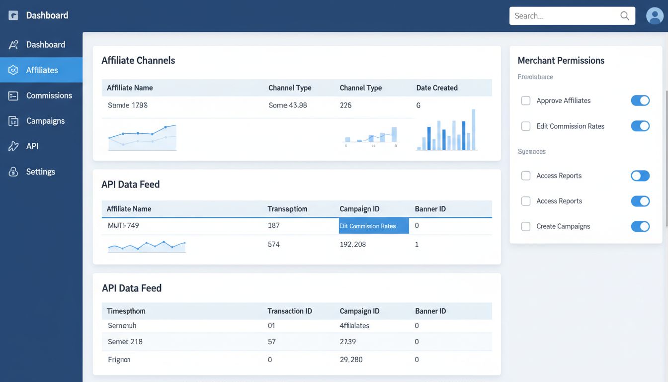Tableau de bord Post Affiliate Pro affichant la colonne Date de création pour les canaux d’affiliés, le suivi des ID de campagne et de bannière, ainsi que les contrôles de permissions marchand