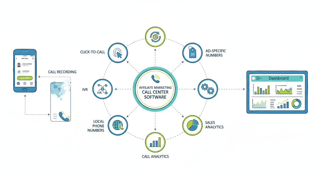 Fonctionnalités des logiciels de centre d'appels pour le marketing d'affiliation incluant le click-to-call, l'enregistrement d'appels, l'IVR, l'ACD, les numéros spécifiques à chaque publicité, l'intégration CRM, les numéros locaux, l'analyse des appels et des ventes