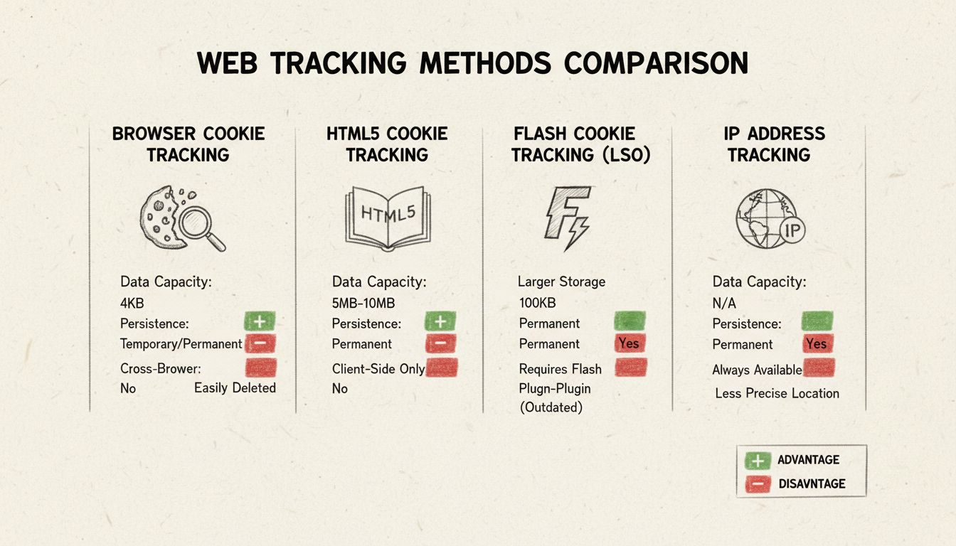 Schéma comparatif des méthodes de suivi montrant les cookies navigateur, le stockage HTML5, les cookies flash et le suivi par adresse IP avec capacité de données, persistance et capacités inter-navigateurs