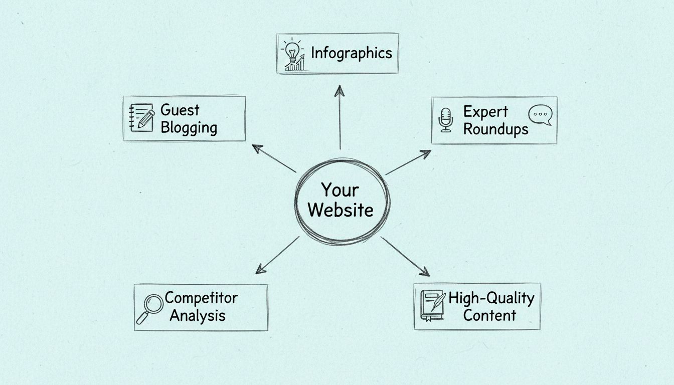 Diagramme dessiné à la main montrant des stratégies efficaces de création de backlinks avec un hub central relié au guest blogging, infographies, expert roundups, analyse des concurrents et contenu de haute qualité