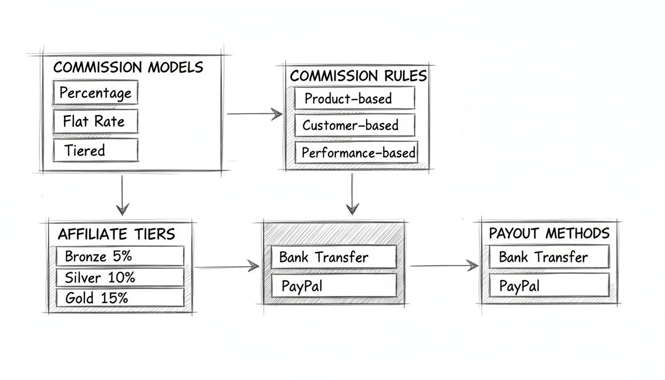 Schéma dessiné à la main illustrant la configuration d'une structure de commission d'affiliation avec modèles de commission, règles, paliers et méthodes de paiement