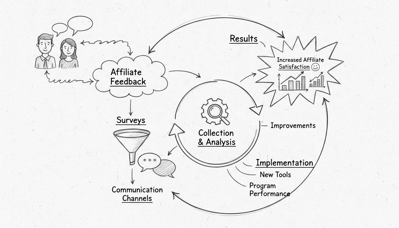 Diagramme dessiné à la main montrant le système de boucle de retours des affiliés avec les étapes : Feedback de l'affilié, Analyse, Mise en œuvre et Résultats