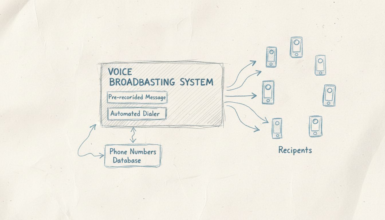 Schéma d’architecture du système de diffusion vocale montrant un serveur central avec numéroteur automatique connectant plusieurs destinataires téléphoniques