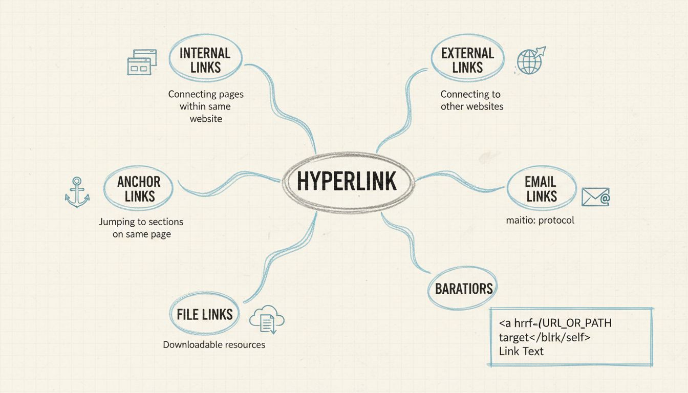 Diagramme des types d’hyperliens montrant liens internes, externes, liens d’ancrage, liens email et liens de fichiers avec structure de code HTML