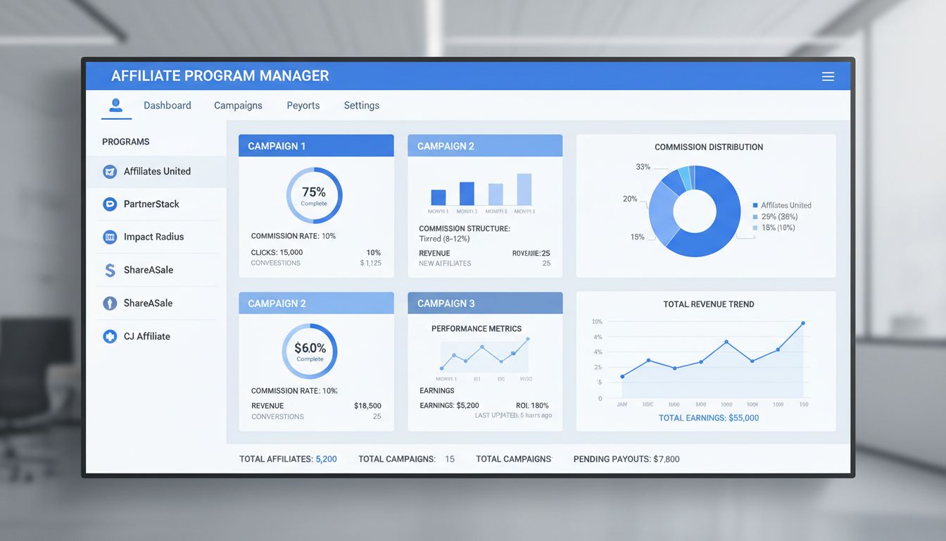 Tableau de bord de gestion de plusieurs programmes d'affiliation affichant différentes campagnes avec structures de commissions et analyses