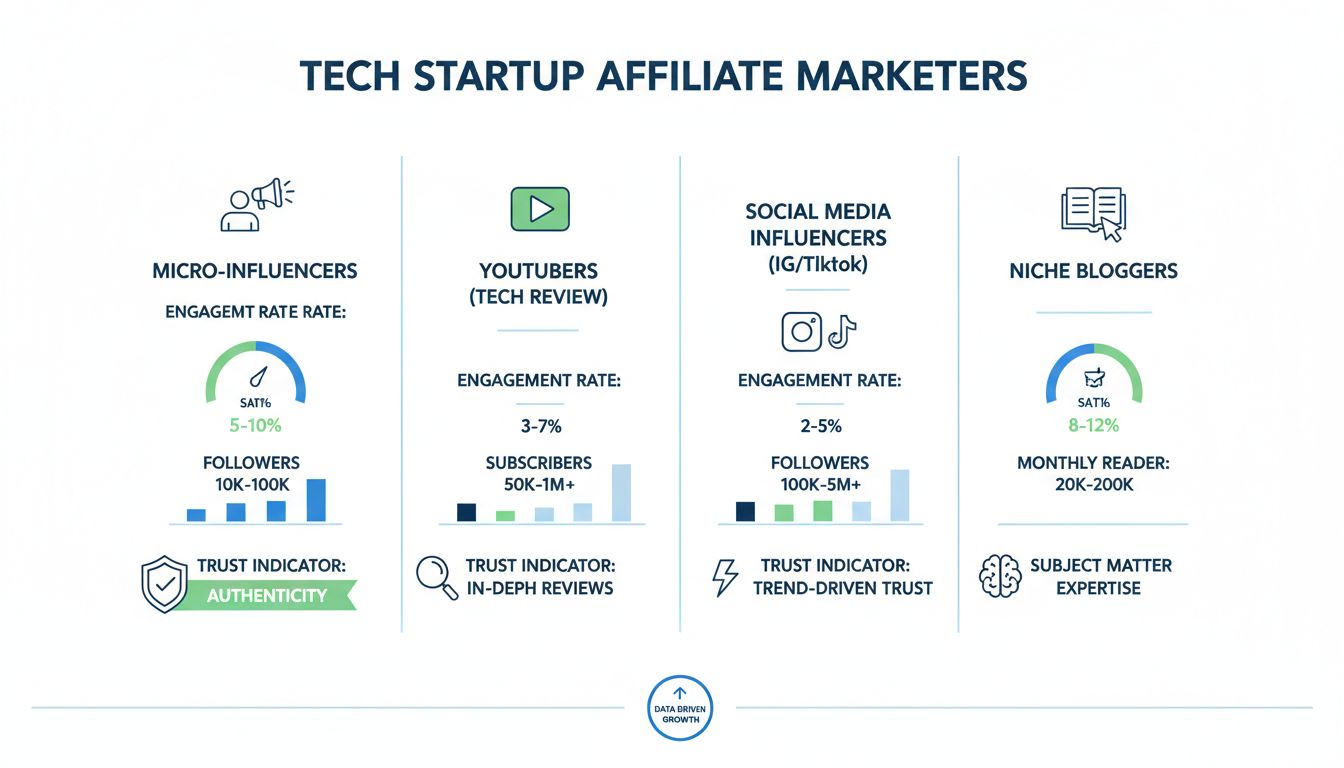 Infographie présentant différents types de marketeurs affiliés pour les startups technologiques, incluant micro-influenceurs, YouTubeurs, influenceurs sur les réseaux sociaux et blogueurs de niche avec taux d’engagement et nombre d’abonnés