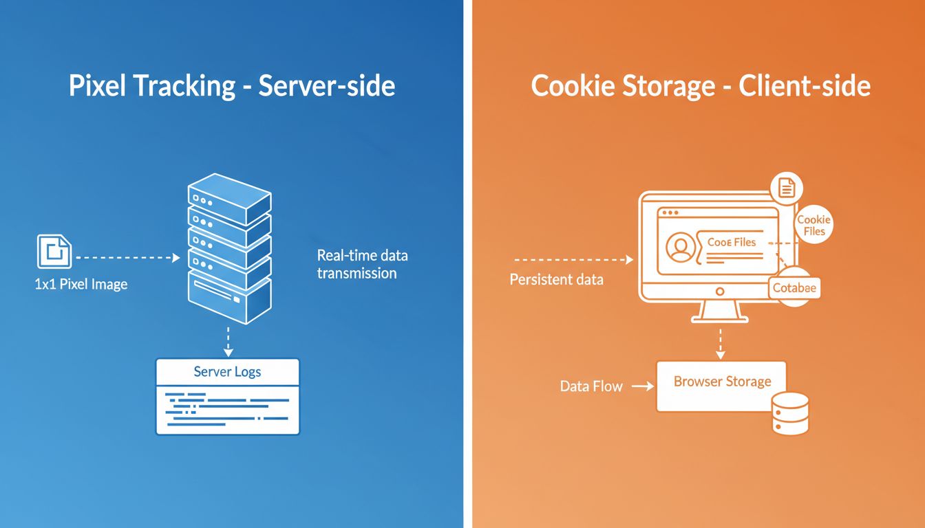 Schéma technique comparant la transmission de données côté serveur via pixel de suivi et le stockage des cookies dans le navigateur