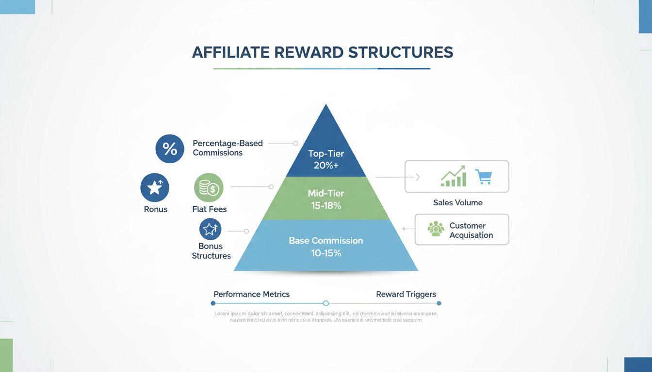 Structure de commissions d’affiliation illustrant les paliers de base, intermédiaire et supérieur avec options de pourcentage et de forfait