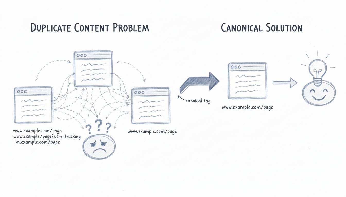 Diagramme montrant le problème du contenu dupliqué à gauche avec plusieurs variations d'URL pointant vers un moteur de recherche confus, et la solution canonique à droite avec une page consolidée unique