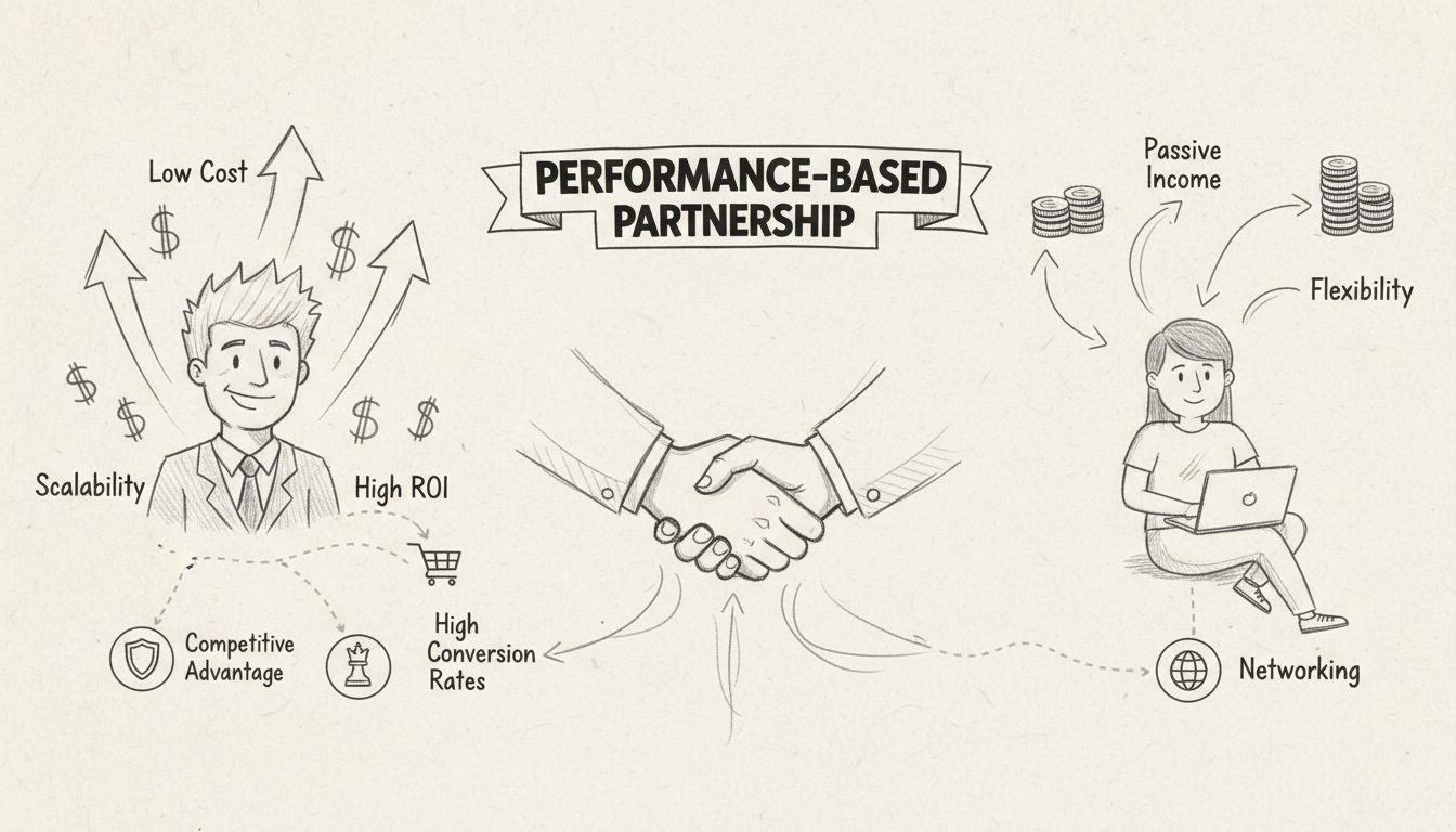 Schéma dessiné à la main montrant les avantages d’un programme d’affiliation : faible coût, ROI élevé, évolutivité, revenus passifs, flexibilité, réseautage et partenariat basé sur la performance