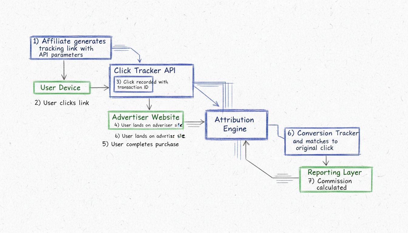 Schéma du flux de suivi API montrant le suivi des clics, le moteur d’attribution, le suivi des conversions et les couches de reporting