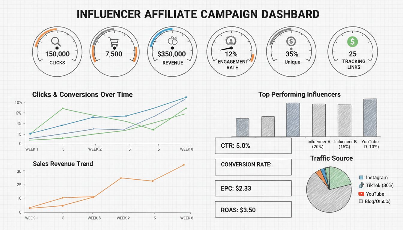 Tableau de bord des métriques d'une campagne d'affiliation d'influenceurs montrant les clics, conversions, ROI, taux d'engagement et analyses de suivi