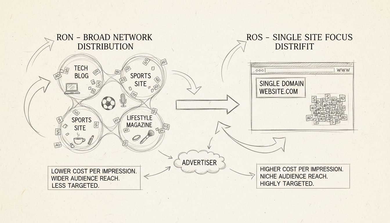 Schéma dessiné à la main comparant les stratégies publicitaires Run of Network (RON) et Run of Site (ROS), illustrant la distribution large sur le réseau versus la concentration sur un seul site