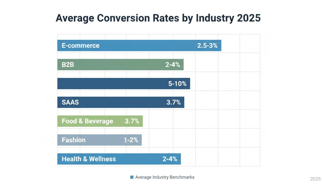Références des taux de conversion par secteur en 2025 montrant un graphique à barres avec les pourcentages pour l’e-commerce, le B2B, le SaaS, l’alimentaire, la mode et la santé/bien-être
