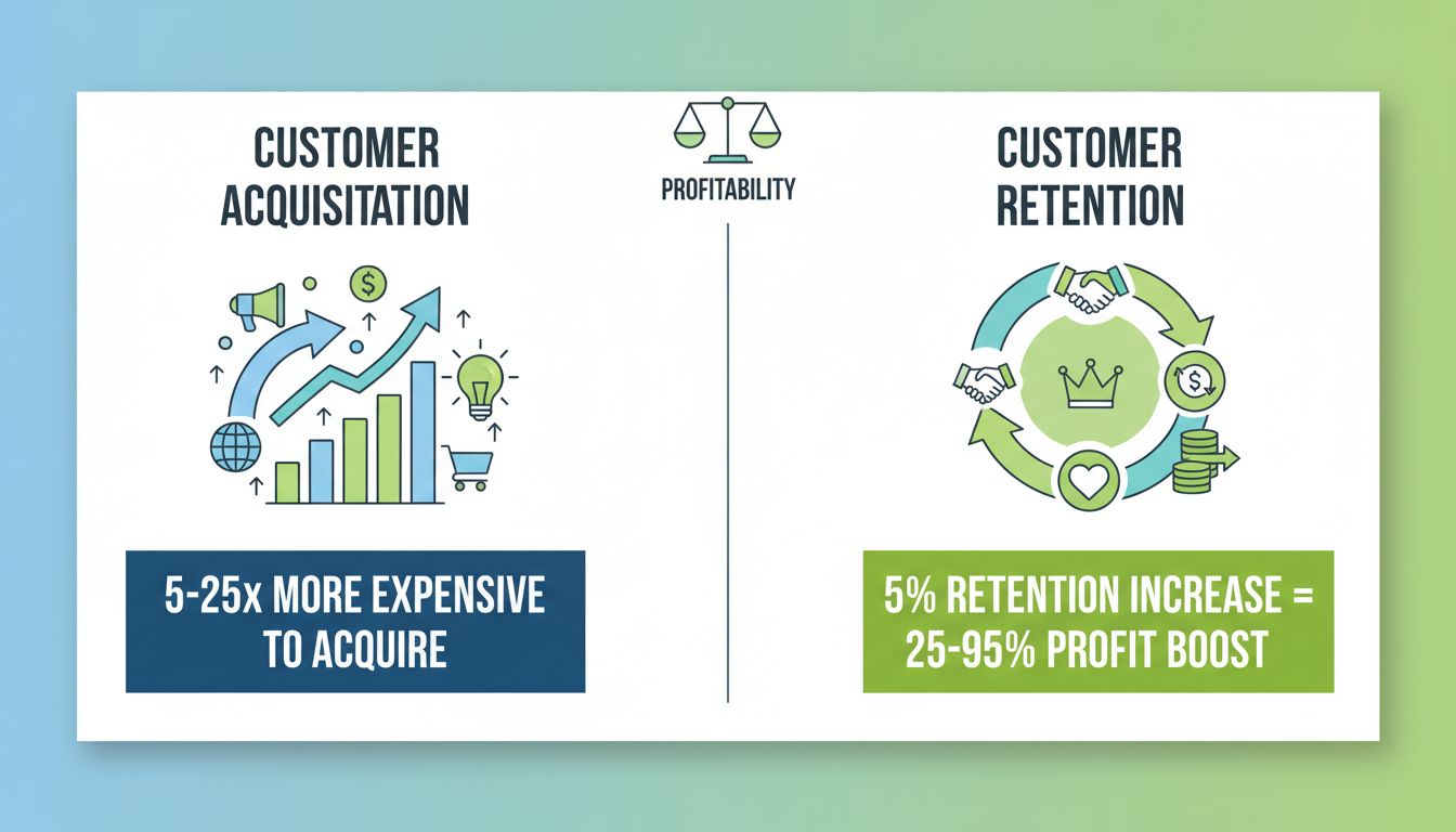 Infographie de comparaison entre acquisition et fidélisation montrant les différences de coût et d’impact sur le profit