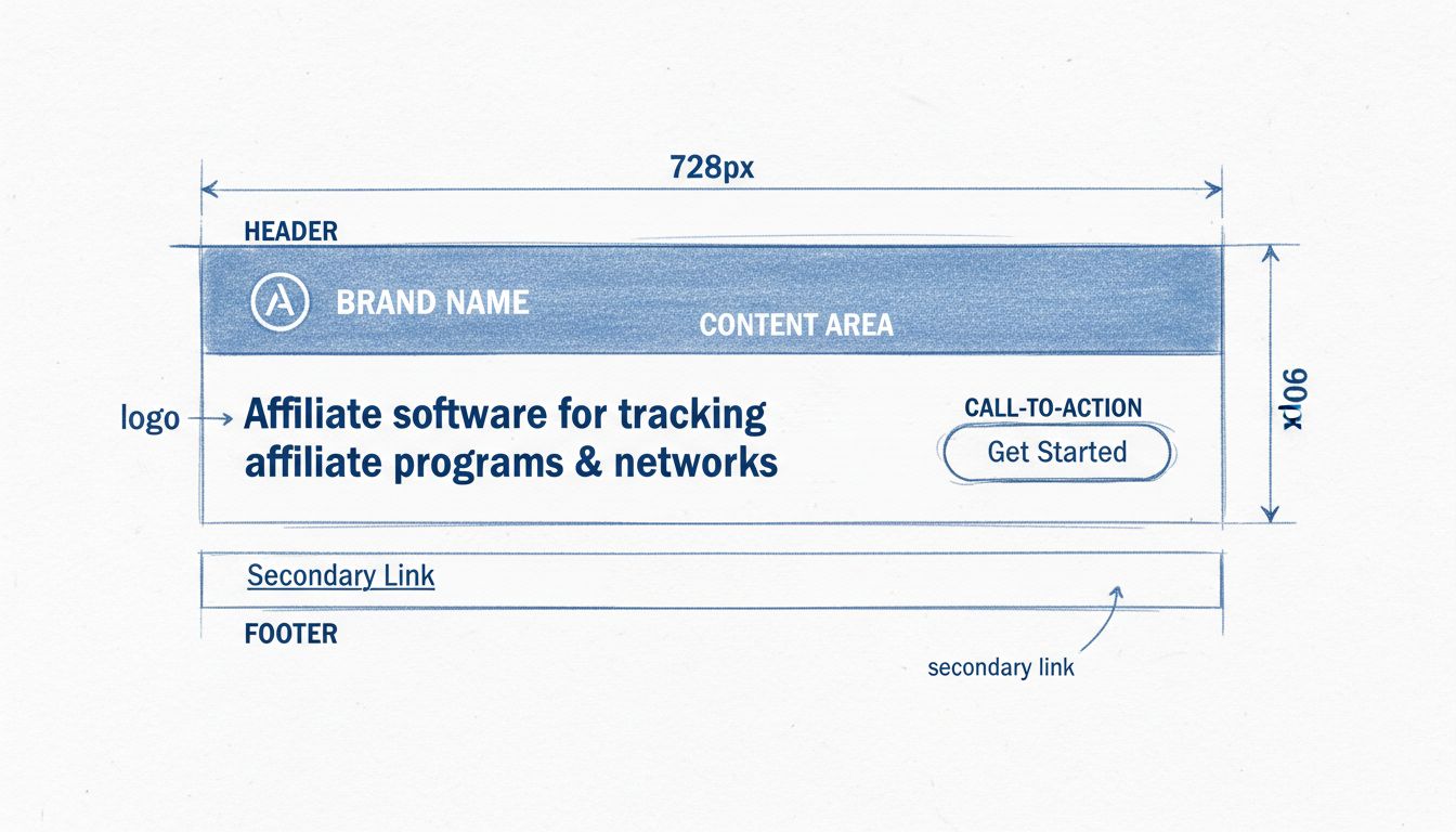 Schéma de la structure d'une bannière HTML illustrant l'en-tête, la zone de contenu, le bouton d'appel à l'action et les composants de pied de page avec des dimensions de 728x90 pixels