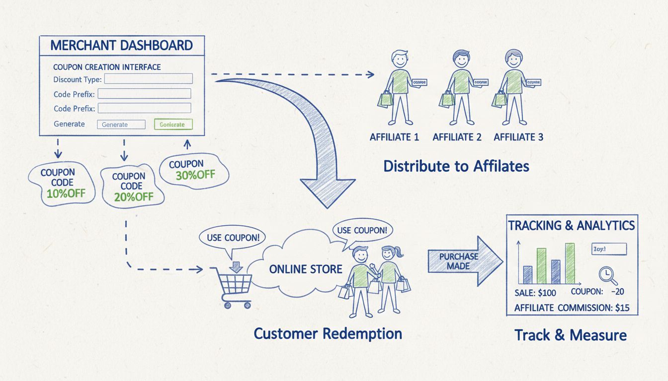 Diagramme du flux de génération de coupons montrant le tableau de bord du marchand, la création de coupons, la distribution aux affiliés, l'utilisation par les clients et le suivi