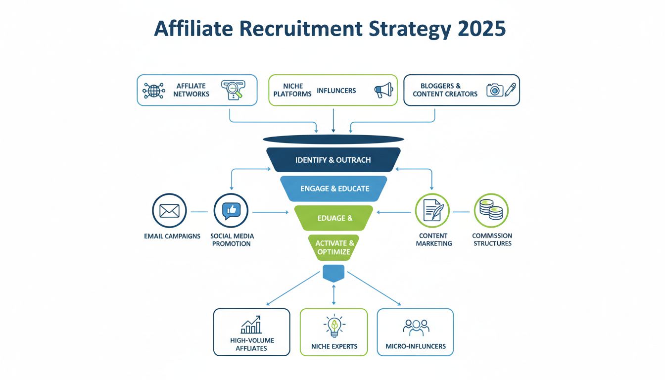 Stratégie de recrutement d'affiliés 2025 illustrant plusieurs canaux : réseaux d'affiliation, plateformes de niche, influenceurs, blogueurs et créateurs de contenu avec un entonnoir de recrutement