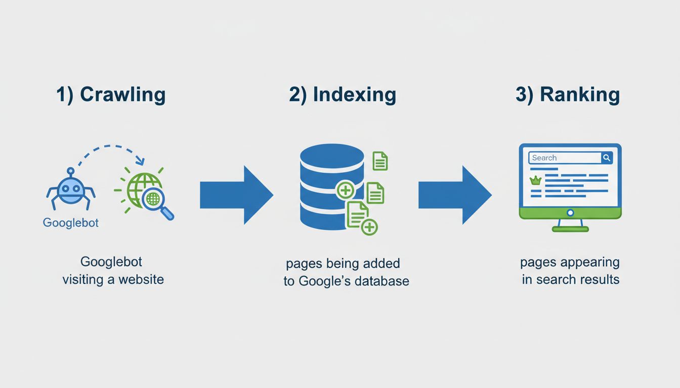 Schéma du processus d’indexation Google montrant les étapes de crawl, d’indexation et de classement