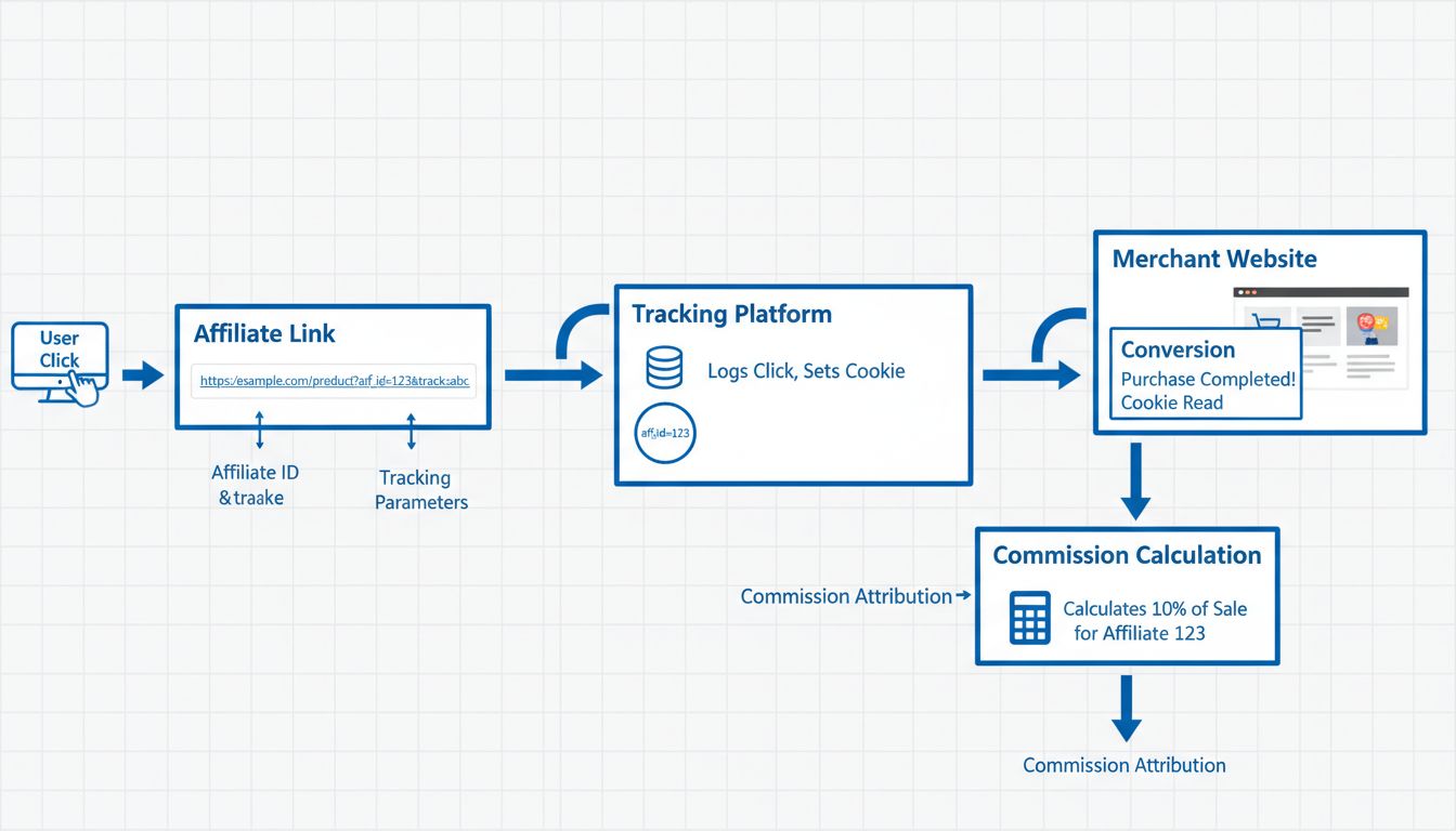 Schéma technique illustrant le flux d'un lien de suivi affilié avec clic utilisateur, paramètres de suivi et attribution de conversion