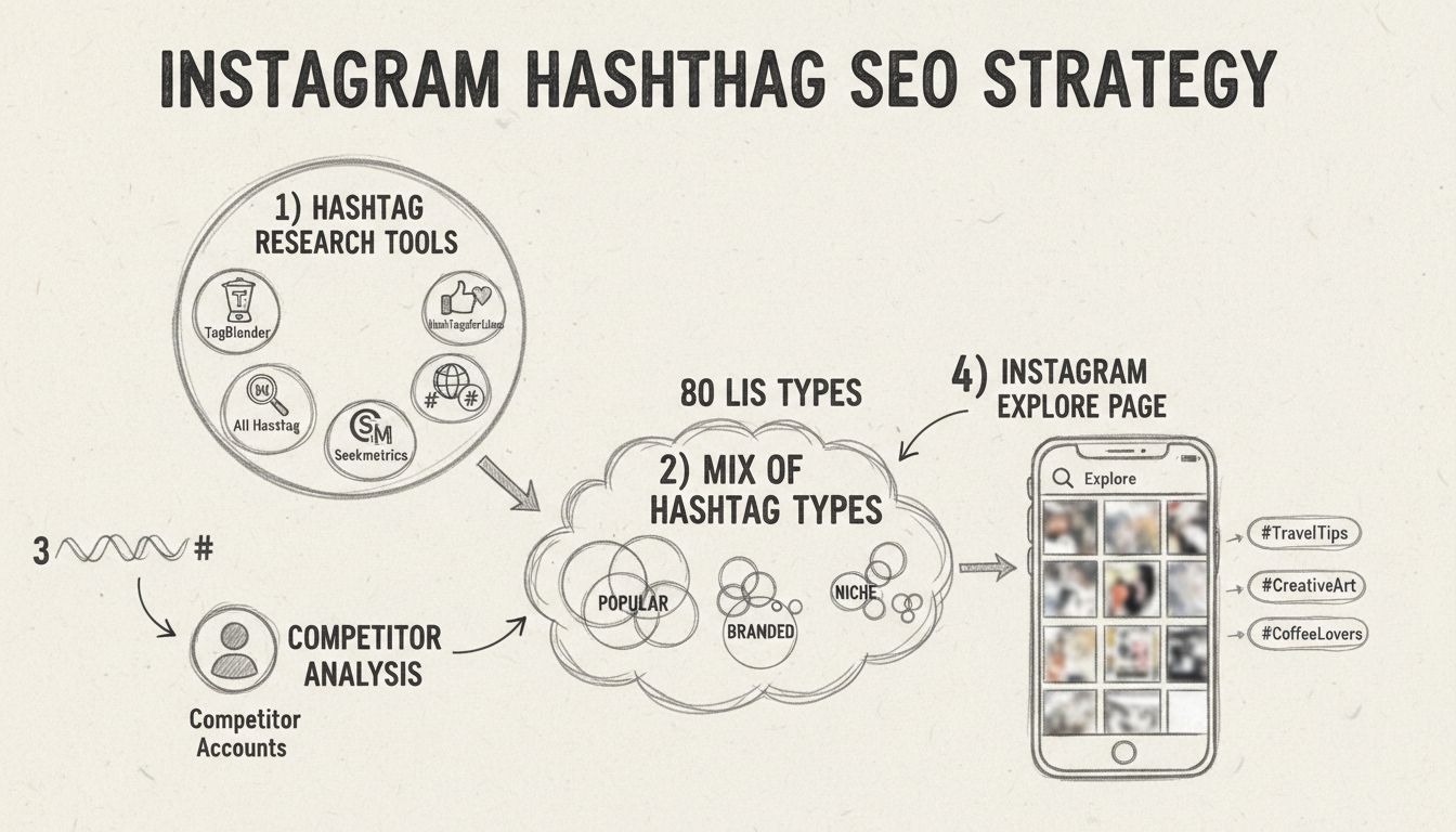 Stratégie de recherche de hashtags Instagram : infographie montrant outils de hashtags, types et analyse des concurrents