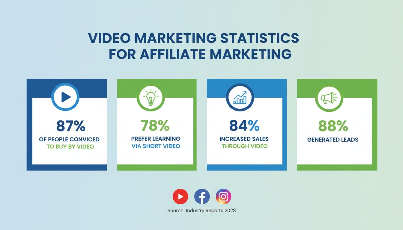 Infographie des statistiques du marketing vidéo montrant un taux de conviction d'achat de 87 %, une préférence vidéo à 78 %, une augmentation des ventes de 84 % et des métriques de génération de leads à 88 %