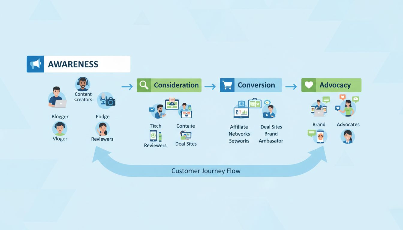 Étapes du tunnel de l’affiliation marketing montrant sensibilisation, considération, conversion et fidélisation avec différents types d’affiliés à chaque étape