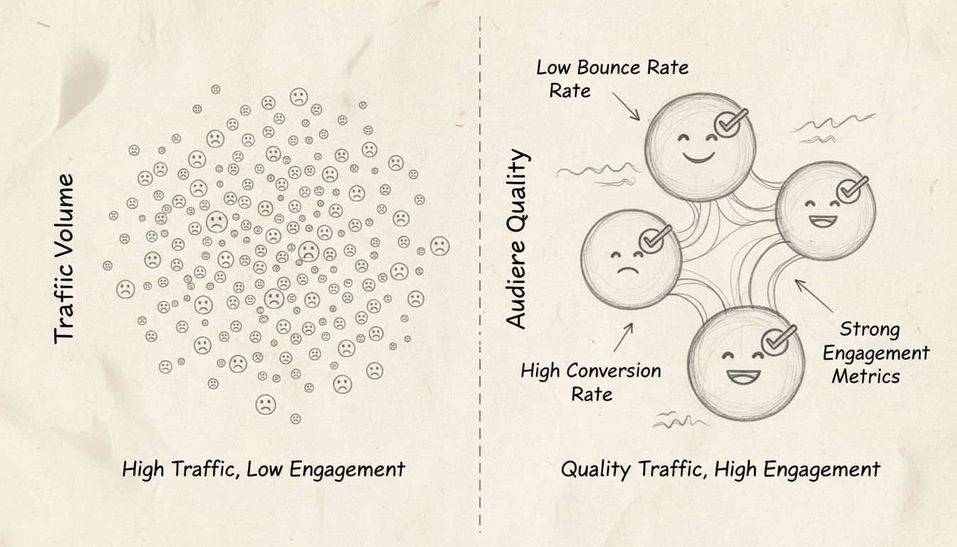 Schéma dessiné comparant fort trafic avec faible engagement versus trafic de qualité avec fort engagement pour l’acceptation dans un réseau d’affiliation
