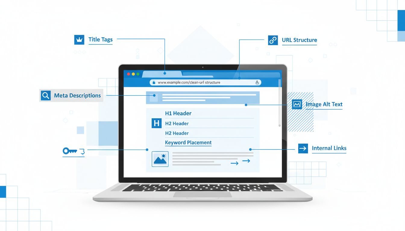 Éléments d’optimisation SEO on-page incluant balises titre, meta descriptions, balises d’en-tête, placement des mots-clés, structure d’URL, liens internes et texte alternatif affichés sur un écran d’ordinateur portable