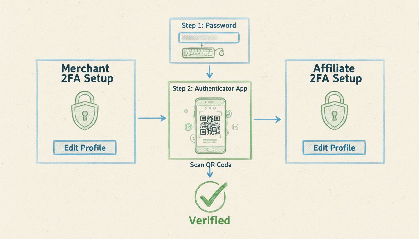 schéma de configuration de la vérification en 2 étapes pour les marchands et affiliés montrant l'accès à Modifier le profil et l'intégration de l'application d'authentification